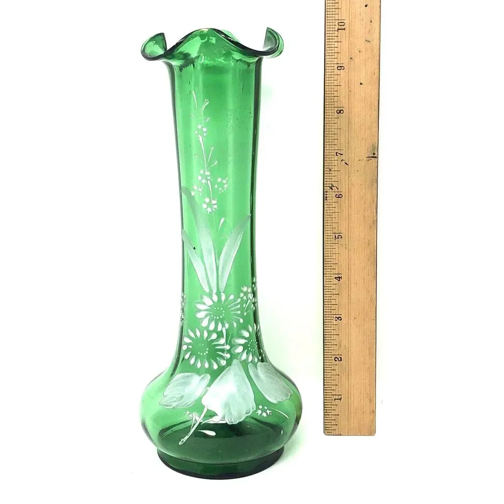 Bohemian Hand Enameled Ruffle Top Vase VTG Hand Blown Paintet Emerald Snow Glass